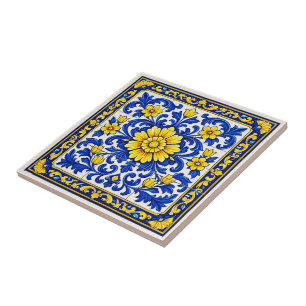 Azul Flor Dourada — Floral Azulejo  Ceramic Tile