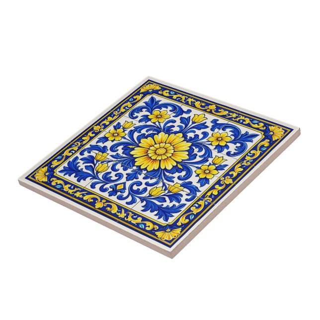 Azul Flor Dourada — Floral Azulejo  Ceramic Tile (Side)