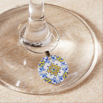 Azulejo Art Tile Wine Glass Charm by wheresmymojo at Zazzle
