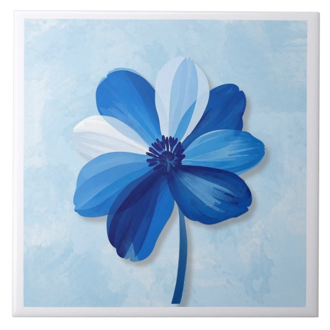Azulejo Blue and White Modern Flower Ceramic Tile (Front)