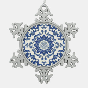 Azulejo blue and white mosaic vintage bulk snowflake pewter christmas ornament