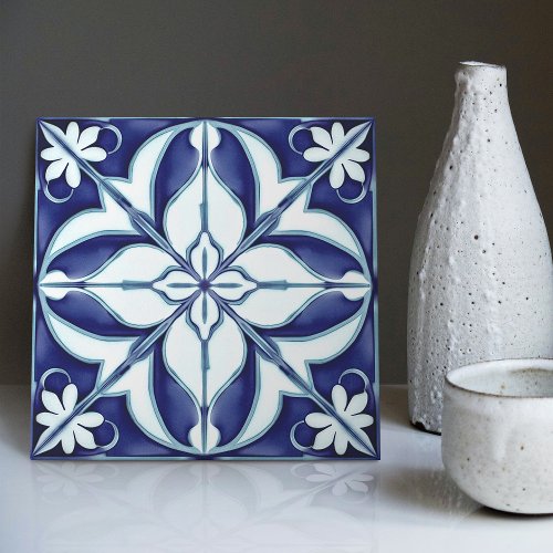 Azulejo Blue and White Symmetrical Floral Ceramic Tile