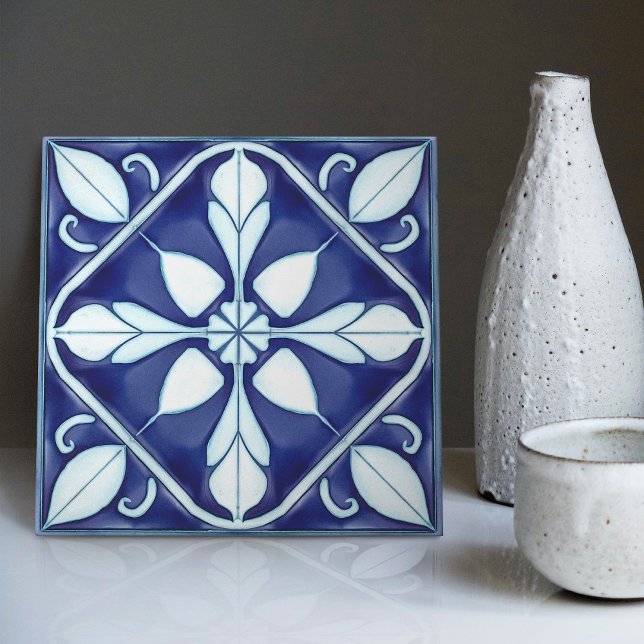 Azulejo Blue and White Symmetrical Floral Ceramic Tile (Creator Uploaded)