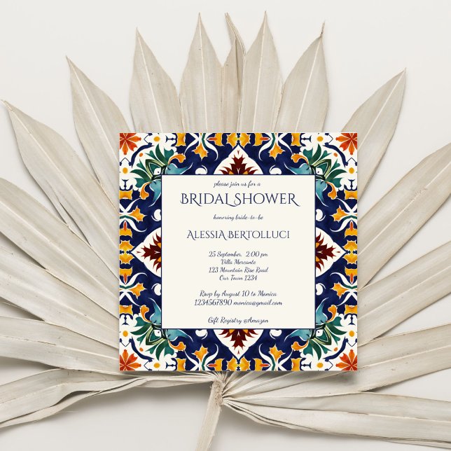 Azulejo blue colorful Mediterranean bridal shower Invitation (Azulejo blue colorful Portugueses  Mediterranean ornate tile bridal shower Invitation template )