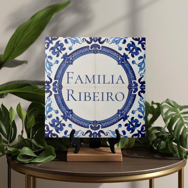 Azulejo Blue Custom House Name Plate Plaque Sign  Ceramic Tile (Azulejo Mediterranean Blue & White Custom House Name Or Family Name Plaque Sign Square Ceramic Tile)