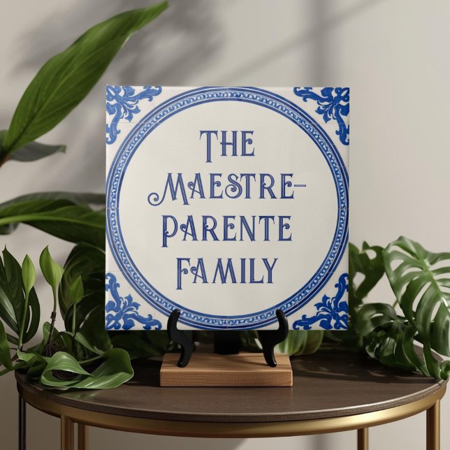 Azulejo Blue Custom House Name Plate Plaque Sign  Ceramic Tile (Azulejo Mediterranean Blue & White Custom House Name Or Family Name Plaque Sign Square Ceramic Tile)