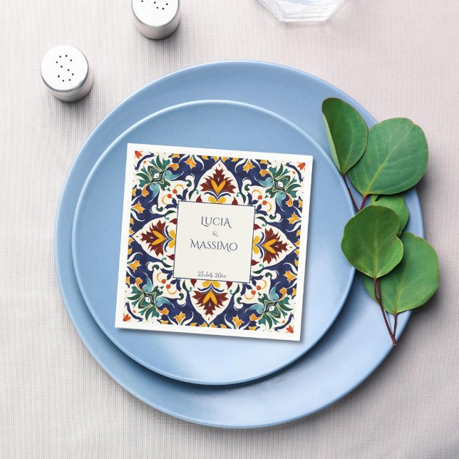 Azulejo blue Mediterranean wedding printed Napkins (Azulejo blue Mediterranean tiles Morocco wedding monogram printed Napkins personalized decor)