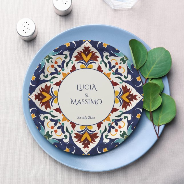 Azulejo blue Mediterranean wedding printed Paper Plates (Azulejo blue Mediterranean Morocco wedding monogram printed Paper Plates personalized table decor)