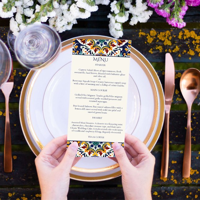 Azulejo blue Porttuguese tiles Mediterranean theme Menu (Azulejo blue Portuguese Talavera tiles Mediterranean Morocco Turkish wedding theme Menu template)