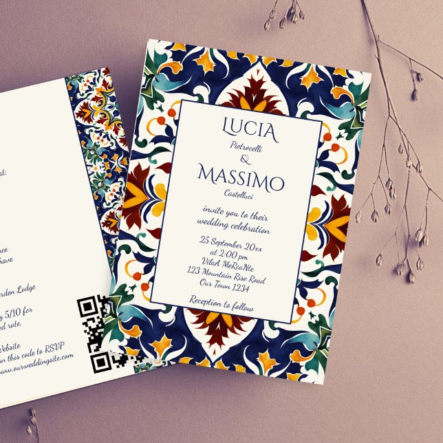 Azulejo blue Portuguese Mediterranean all in one Invitation (Azulejo blue Portuguese Mediterranean Talavera tiles all in one wedding Invitation editable template)