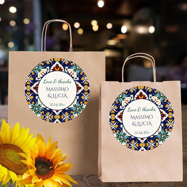 Azulejo blue Portuguese Mediterranean favor Classic Round Sticker (Azulejo blue Portuguese talavera  tiles Mediterranean wedding thank you favor Sticker)
