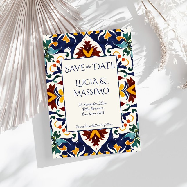 Azulejo blue Portuguese Mediterranean ornate Save The Date (Azulejo blue Portuguese Mediterranean wedding ornate vintage bohemian tiles Save The Date)