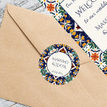 Azulejo blue Portuguese Mediterranean wedding Classic Round Sticker<br><div class="desc">Azulejo blue Portuguese Mediterranean Morocco ornate tile pattern wedding stickers template bride and groom names stickers envelope stickers</div>