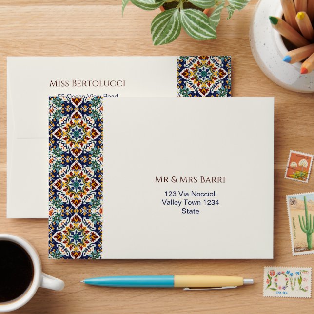 Azulejo blue Portuguese Mediterranean wedding Envelope (Desk)