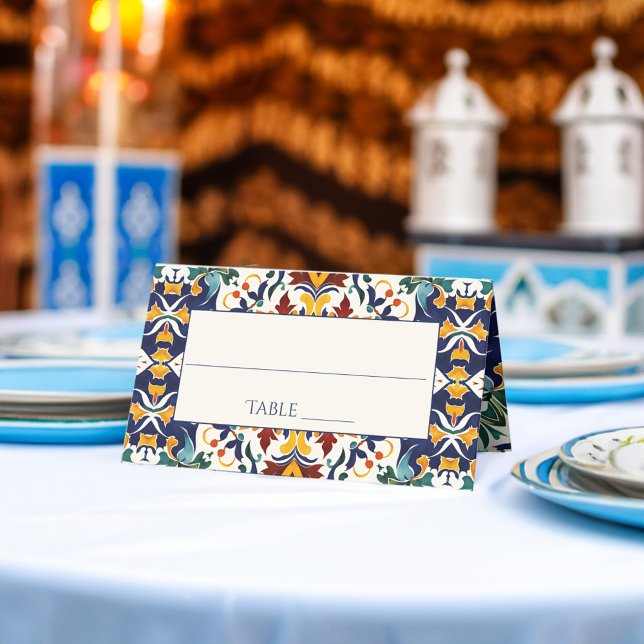 Azulejo blue Portuguese Mediterranean wedding Place Card (Azulejo blue Portuguese tiles Mediterranean Morocco themed wedding Place Card personalized decor)