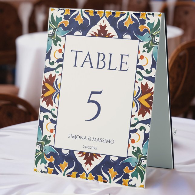 Azulejo blue Portuguese Mediterranean wedding Table Tent (Azulejo blue Portuguese tiles Mediterranean Morocco boho style wedding Table Tent Sign table decor)