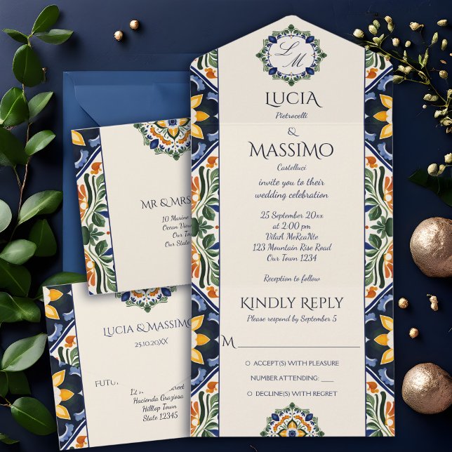 Azulejo blue Talavera vintage Mexican wedding All In One Invitation (Azulejo Talavera blue tiles vintage Mexican monogram elegant wedding All In One Invitation card )