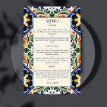 Azulejo blue Talavera vintage Mexican wedding menu<br><div class="desc">Azulejo blue Portuguese Talavera tiles vintage Mexican wedding menu cards,  Mediterranean ornate Talavera tile pattern wedding menu cards Hacienda style wedding reception table decorations</div>
