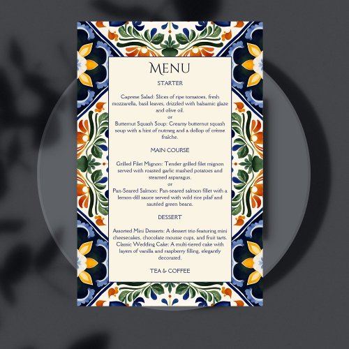 Azulejo blue Talavera vintage Mexican wedding menu