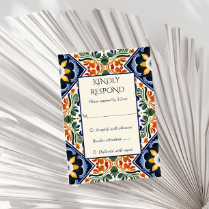 Azulejo blue Talavera vintage Mexican wedding RSVP Card