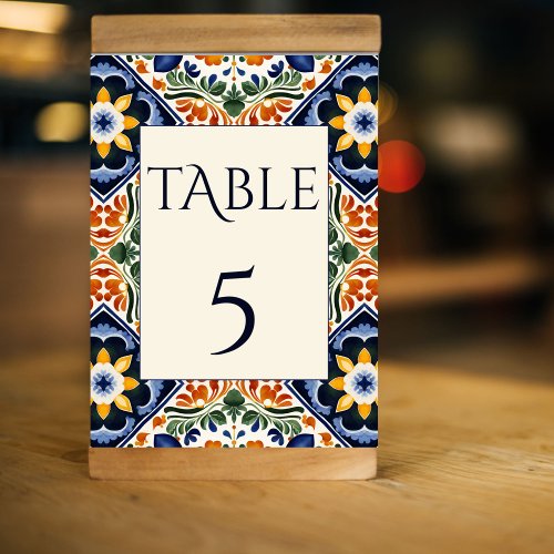 Azulejo blue Talavera vintage Mexican wedding Table Number