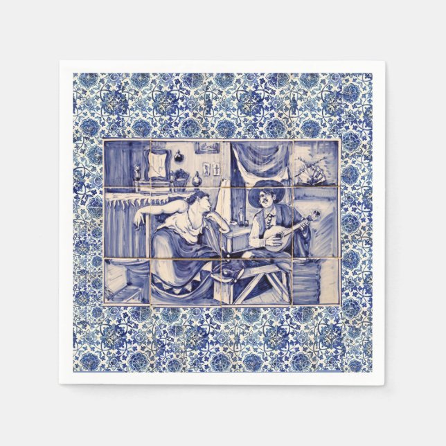 Azulejo Blue Tile Cocktail Napkins (Front)