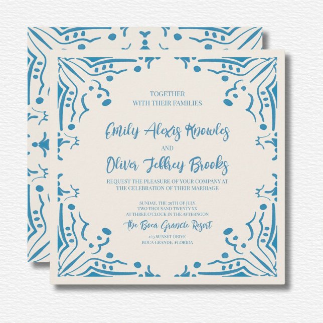 Azulejo Blue Wedding Square Invitation (Creator Uploaded)