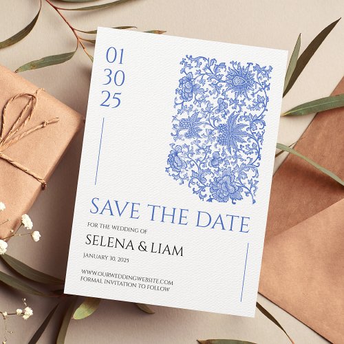 Azulejo Chinoserie Blue Floral Save the Date Postcard