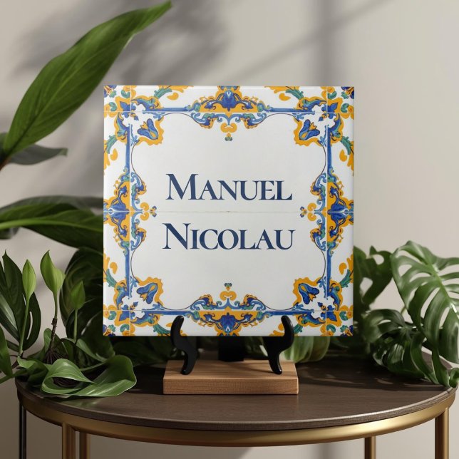 Azulejo Colorful Custom Name Plate Plaque Sign  Ceramic Tile (Azulejo Mediterranean Blue & White Custom House Name Or Family Name Plaque Sign Square Ceramic Tile)