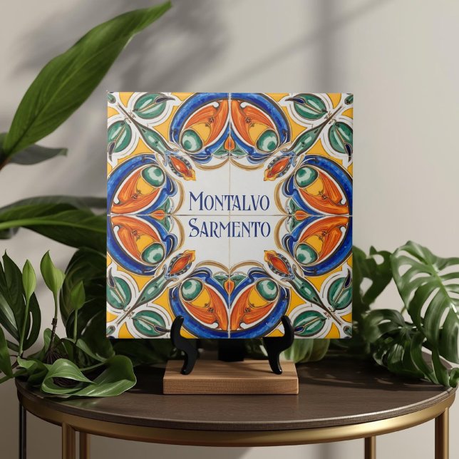 Azulejo Colorful Custom Name Plate Plaque Sign  Ceramic Tile (Azulejo Mediterranean Blue & White Custom House Name Or Family Name Plaque Sign Square Ceramic Tile)