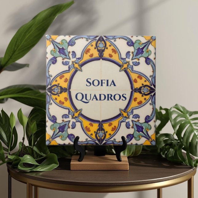 Azulejo Colorful Custom Name Plate Plaque Sign Ceramic Tile (Azulejo Mediterranean Blue & White Custom House Name Or Family Name Plaque Sign Square Ceramic Tile)