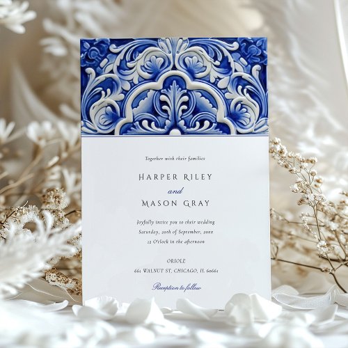 Azulejo Elegant Floral Ceramic Tile Wedding Invitation