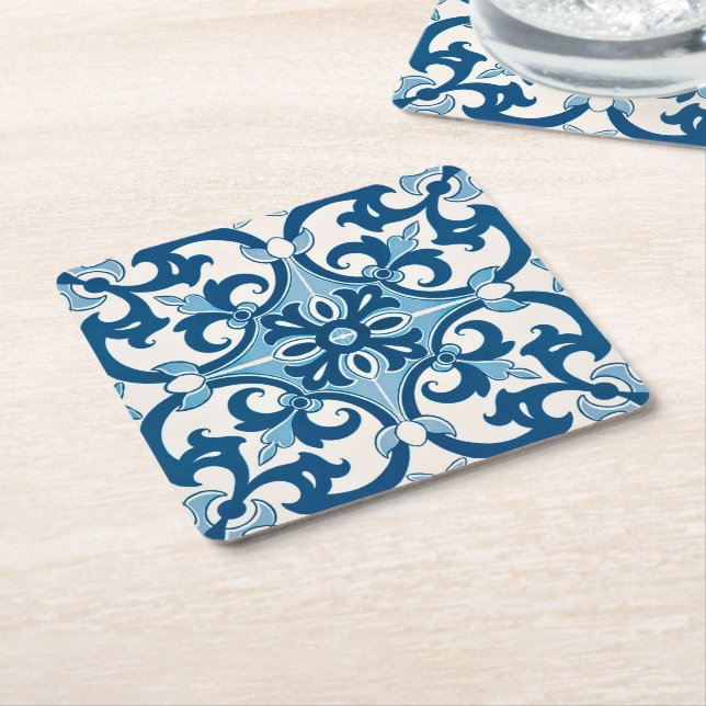 Azulejo Fleur De Lis Style Pattern Square Paper Coaster (Angled)