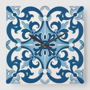 Azulejo Fleur De Lis Style Pattern Square Wall Clock