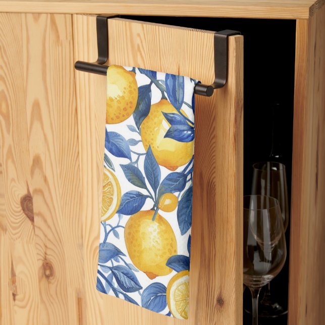 Azulejo Lemons Blue Leaves #1 Kitchen Towel (Thirds Fold)