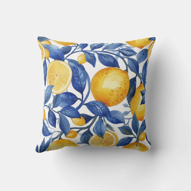 Azulejo Lemons Blue Leaves #1 Throw Pillow (Back)