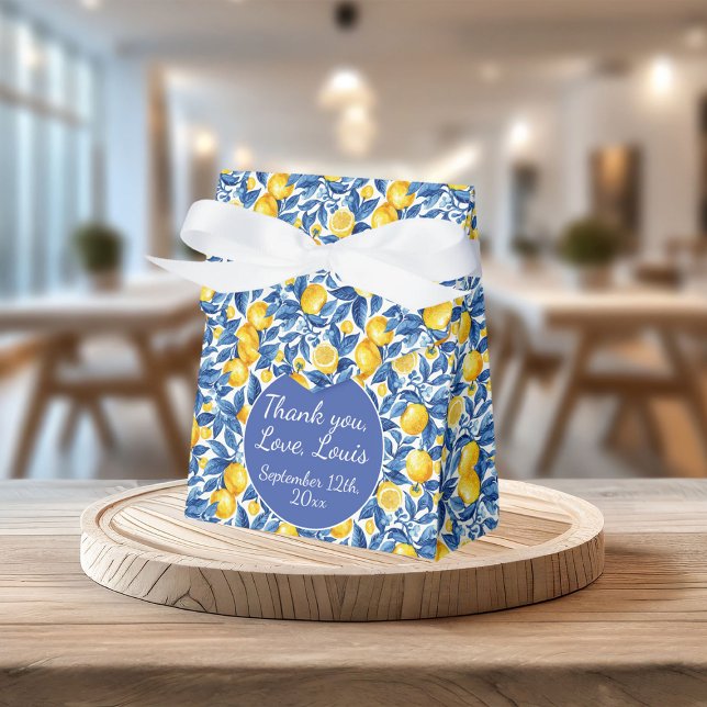 Azulejo Lemons Blue Leaves Baby Shower Favor Boxes (Creator Uploaded)