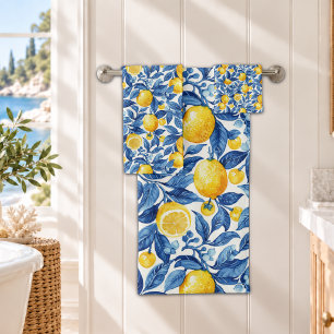 Azulejo Lemons Blue Leaves Bath Towel Set