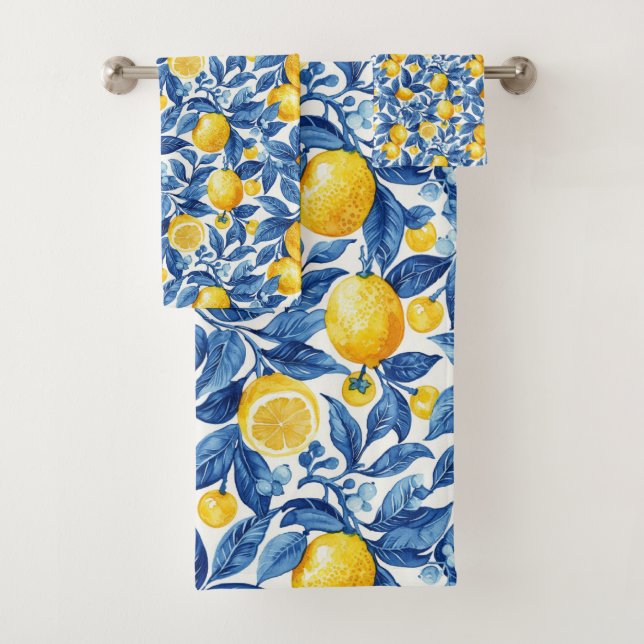 Azulejo Lemons Blue Leaves  Bath Towel Set (Insitu)