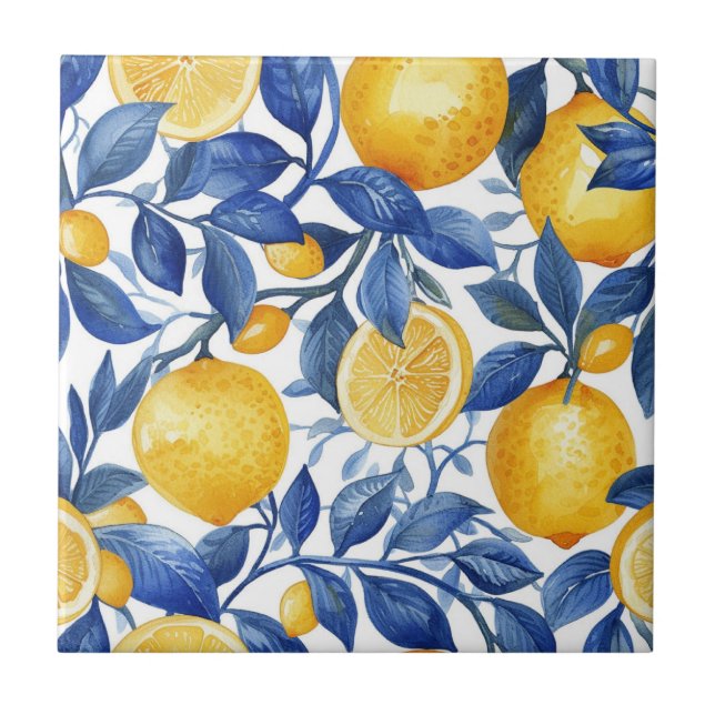 Azulejo Lemons Blue Leaves Pattern Ceramic Tile (Front)