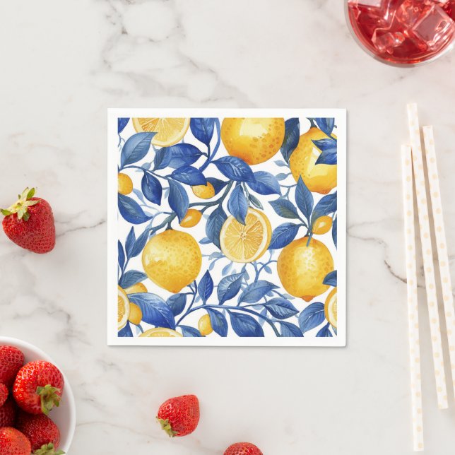 Azulejo Lemons Blue Leaves Pattern Napkins (Insitu)