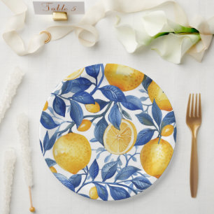Azulejo Lemons Blue Leaves Pattern Paper Plates