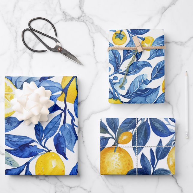 Azulejo Lemons Blue Leaves Pattern Wrapping Paper Sheets (Front)
