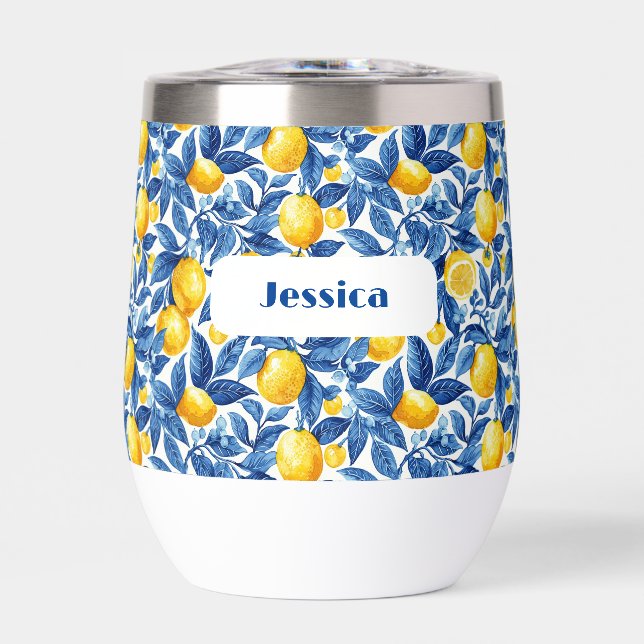 Azulejo Lemons Blue Leaves  Thermal Wine Tumbler (Front)