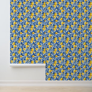 Azulejo Lemons Blue Leaves Wallpaper