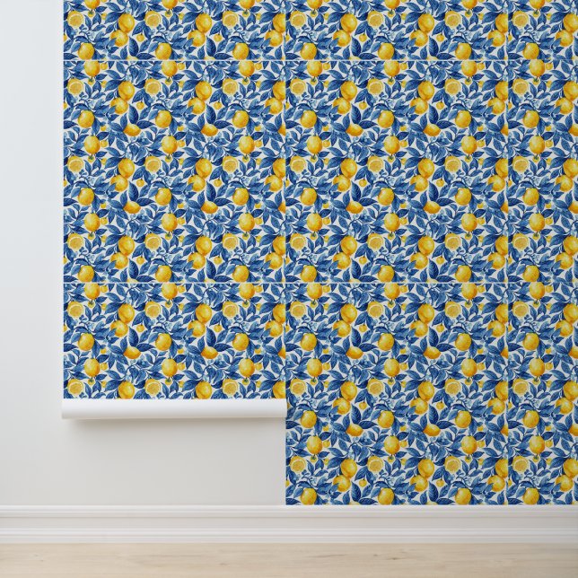 Azulejo Lemons Blue Leaves  Wallpaper (Application)