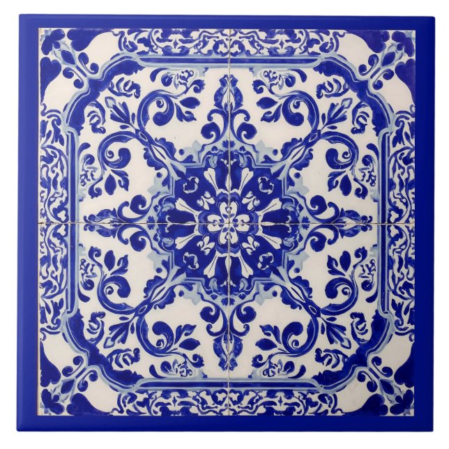 Azulejo Mediterranean Blue White Ceramic Tile (Front)