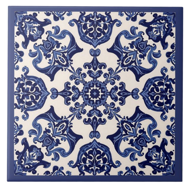 Azulejo Mediterranean Blue White Ceramic Tile (Front)