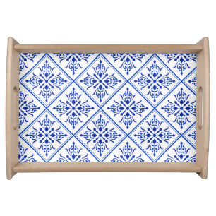 azulejo mosaic tile pattern from Portugal in blue Serving Tray