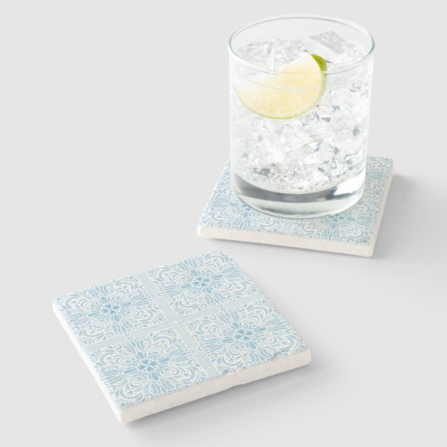Azulejo Pastel Blue Portugal Souvenir Stone Coaster (Side)